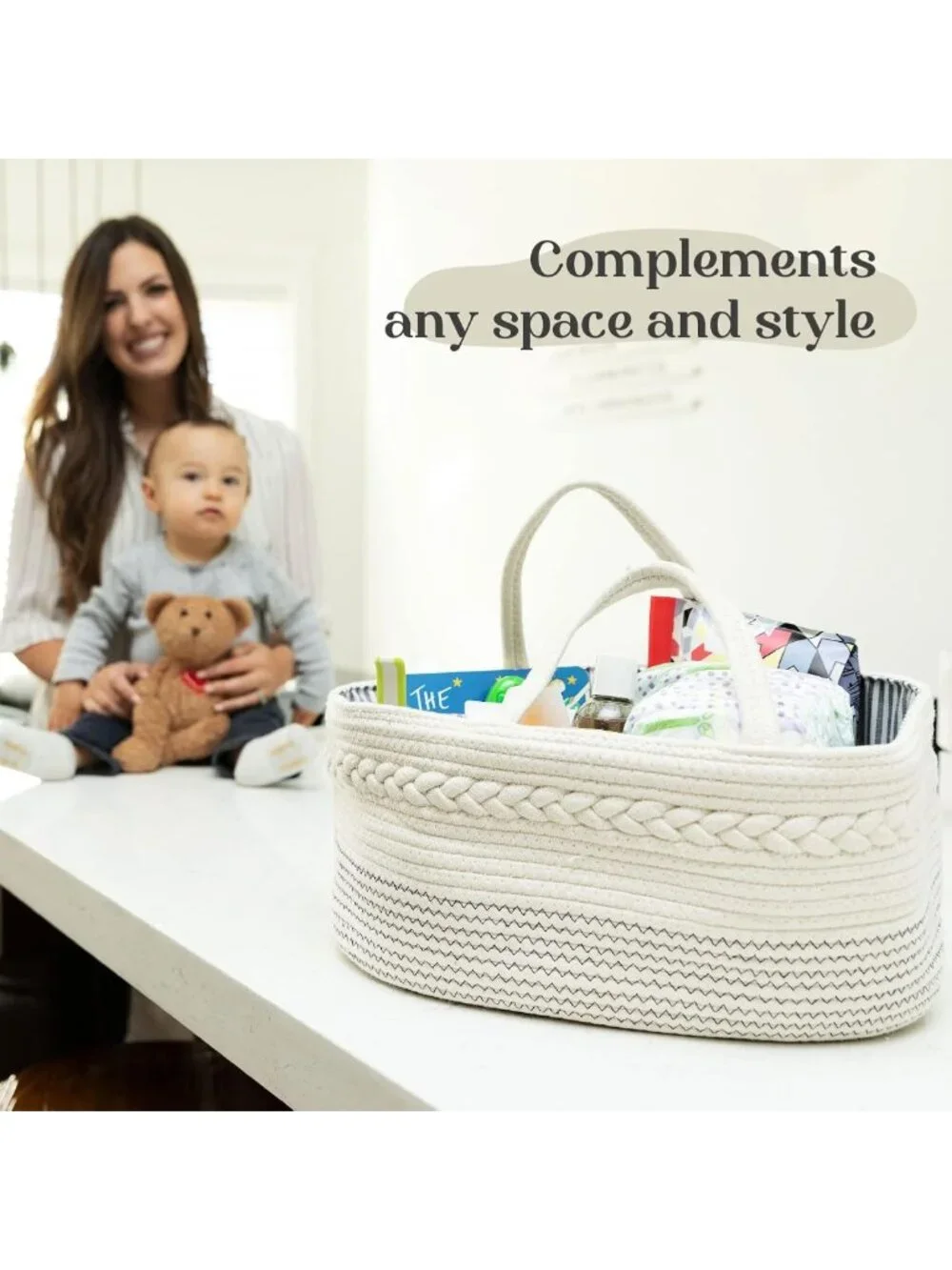 Large Cotton Rope Diaper Caddy Organizer - Portable Baby Storage Basket for